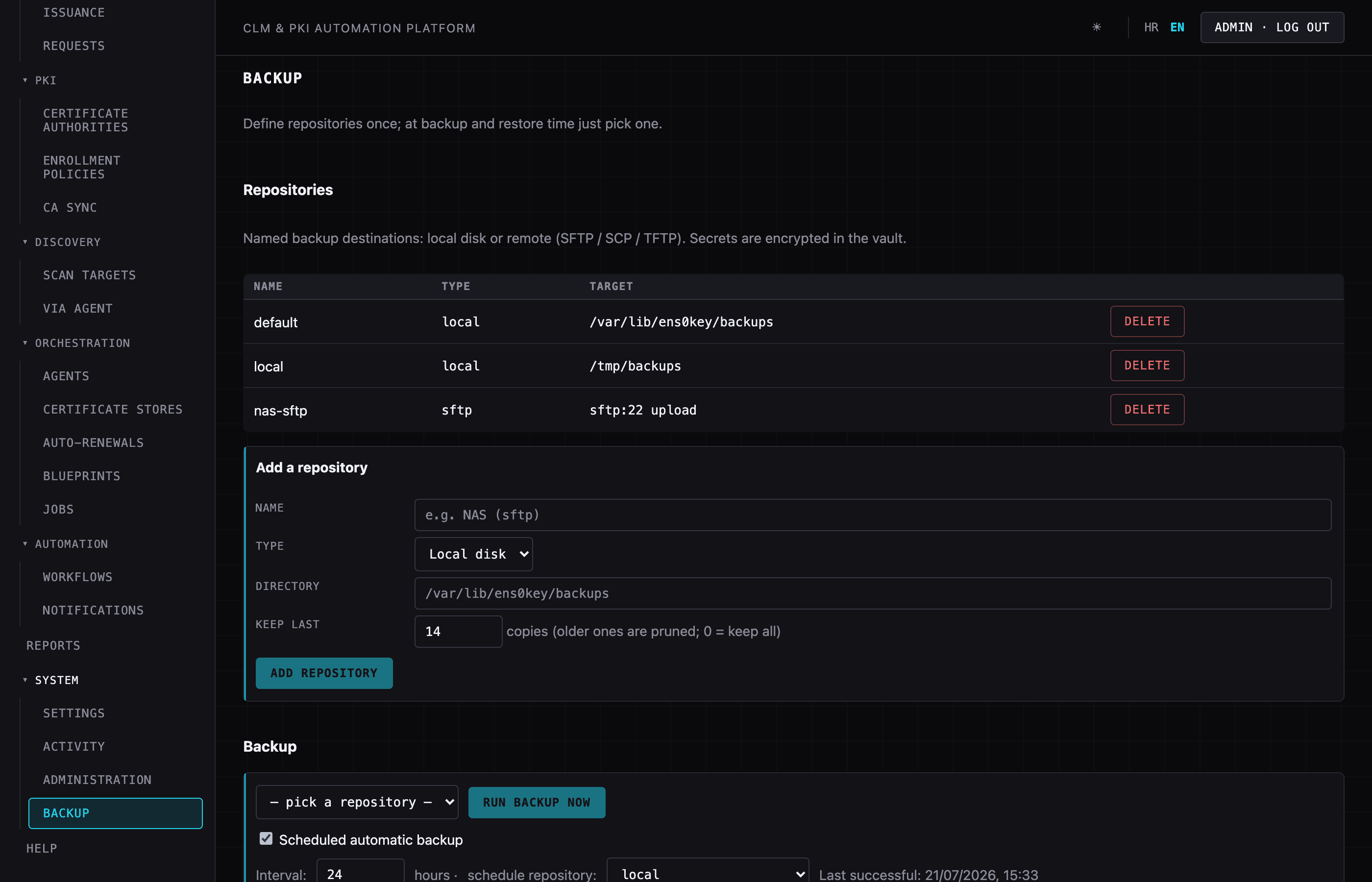 Backup & restore — named repositories, scheduled encrypted dumps, transactional in-app restore.